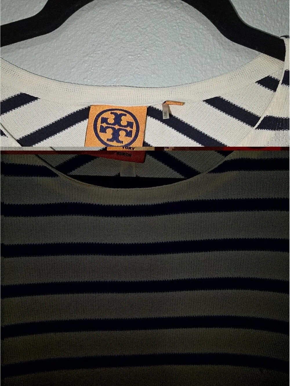 Tory Burch Sweater Small S Cream Navy Blue Striped Ribbed Knit Chevron Back Logo